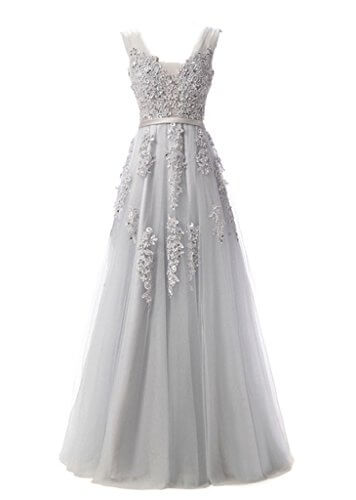 Robe de Soirée en col V en Tulle ornée de Perles