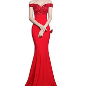 Robe de Soirée Rouge de Forme Trompette à Sequins et Manches Tombantes