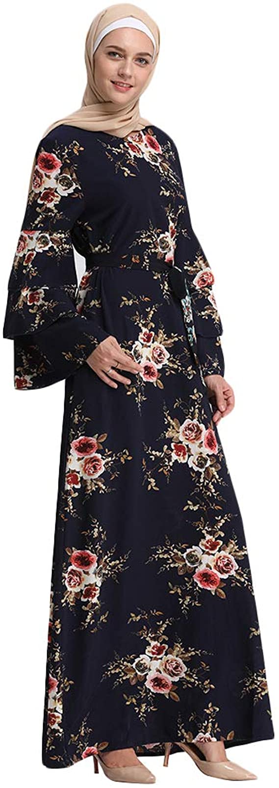 Longue Robe Musulmane Style Kimono Japonais avec Broderie Florale