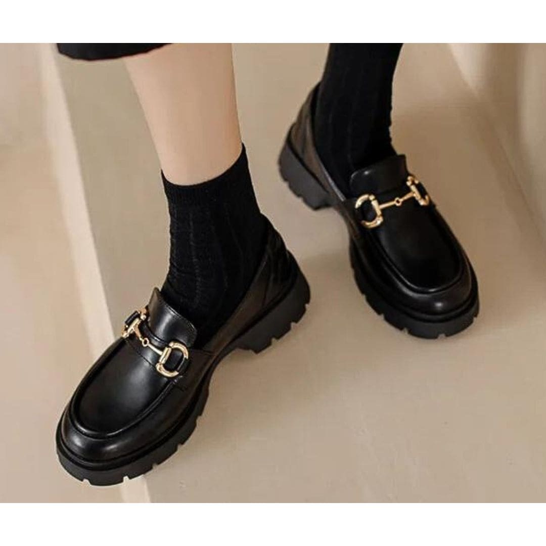 Mocassins Mocassin noirs à talon carré avec morsetti simple pour femme