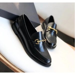 Mocassins Mocassin noirs à talons carrés en cuir véritable pour femme