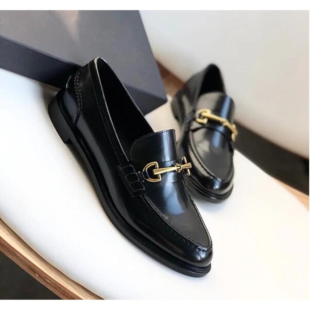 Mocassins Mocassin noirs à talons carrés en cuir véritable pour femme – Image 9
