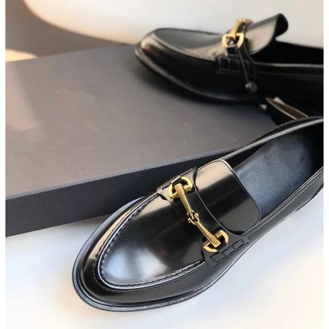 Mocassins Mocassin noirs à talons carrés en cuir véritable pour femme – Image 8