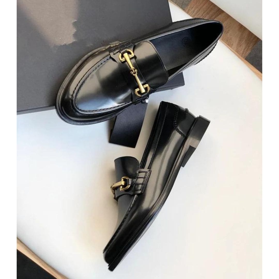 Mocassins Mocassin noirs à talons carrés en cuir véritable pour femme – Image 7