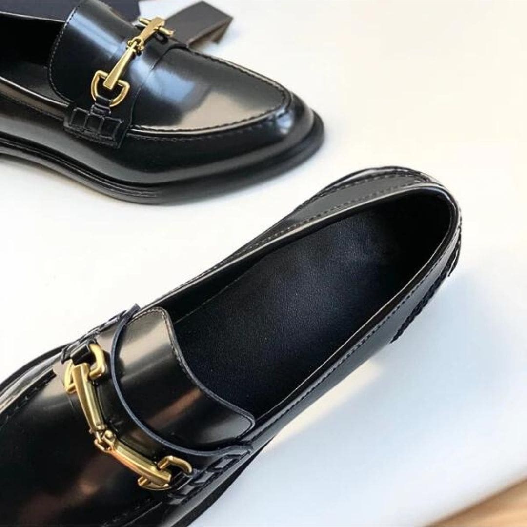 Mocassins Mocassin noirs à talons carrés en cuir véritable pour femme – Image 6