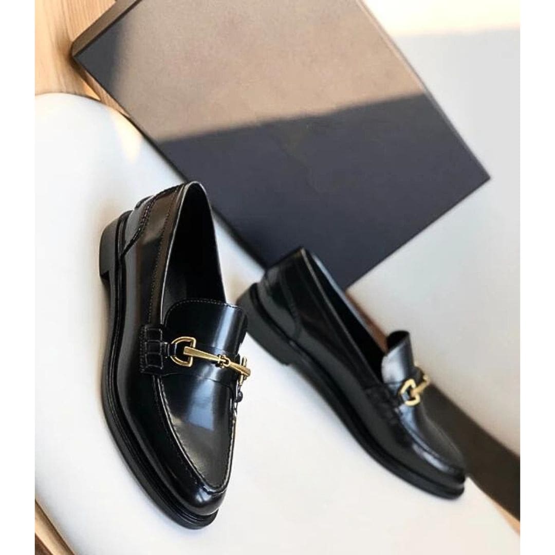 Mocassins Mocassin noirs à talons carrés en cuir véritable pour femme – Image 3