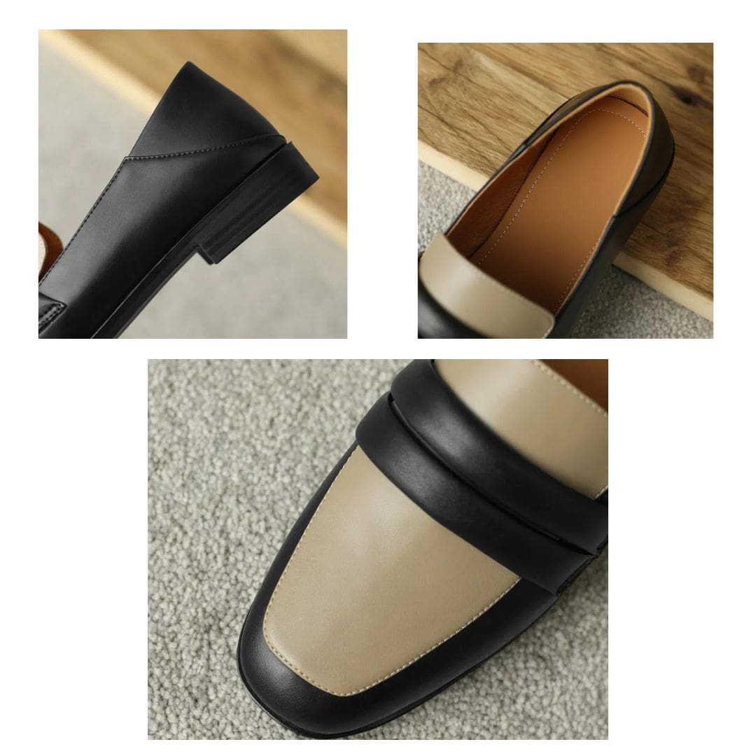 Mocassins bicolores à talon carré en cuir véritable pour femme – Image 9