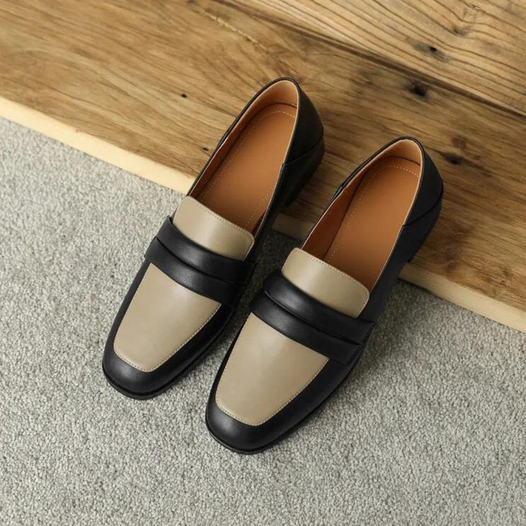 Mocassins bicolores à talon carré en cuir véritable pour femme – Image 8