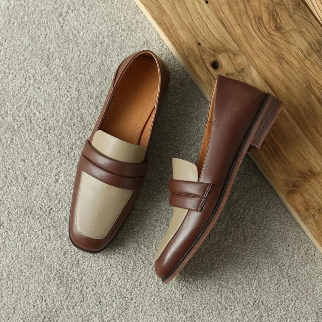 Mocassins bicolores à talon carré en cuir véritable pour femme – Image 6