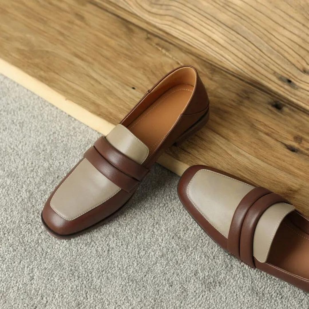 Mocassins bicolores à talon carré en cuir véritable pour femme – Image 5