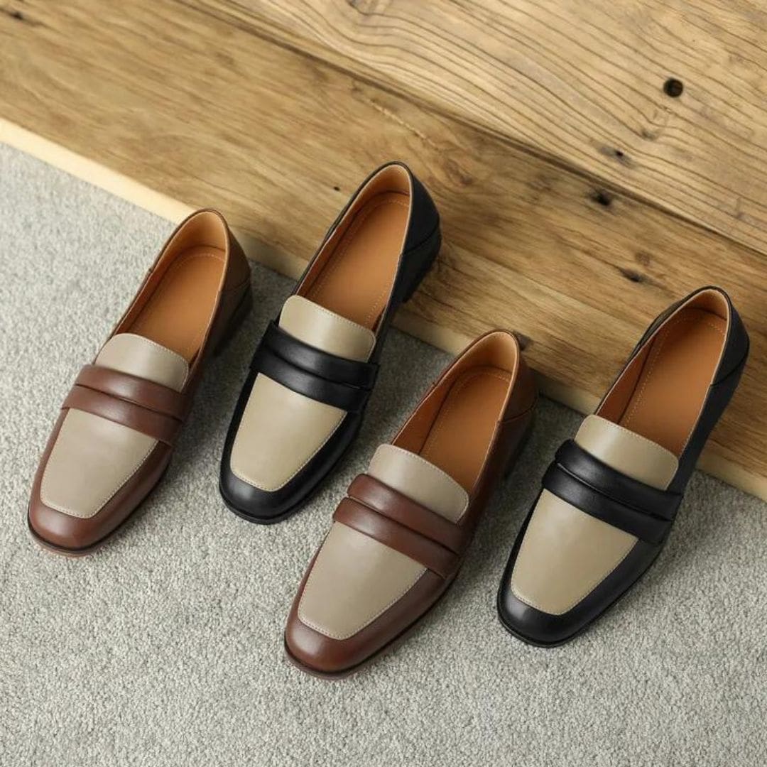 Mocassins bicolores à talon carré en cuir véritable pour femme – Image 2