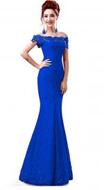 Robe de Soirée Bleue Longue à Manches Tombantes