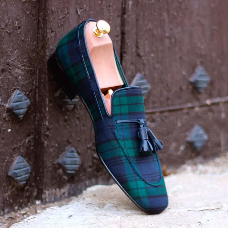 Mocassins à gland à carreaux Mocassin bleu et Mocassin vert pour homme – Image 5