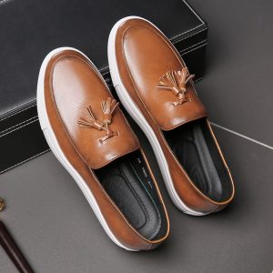 Mocassins à gland en cuir à semelles Mocassin blanches pour hommes