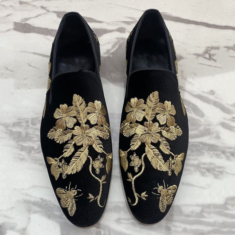 Mocassins en velours Mocassin noir avec broderie florale Mocassin dorée – Image 5