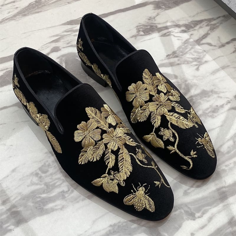 Mocassins en velours Mocassin noir avec broderie florale Mocassin dorée – Image 6